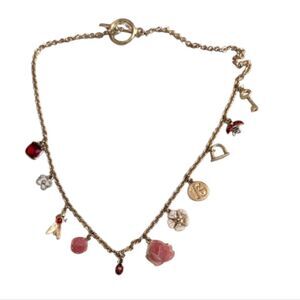Les Nereides Charm Necklace Flowers Rose Ladybugs Key Firefly Lucky 13 Gold Tone